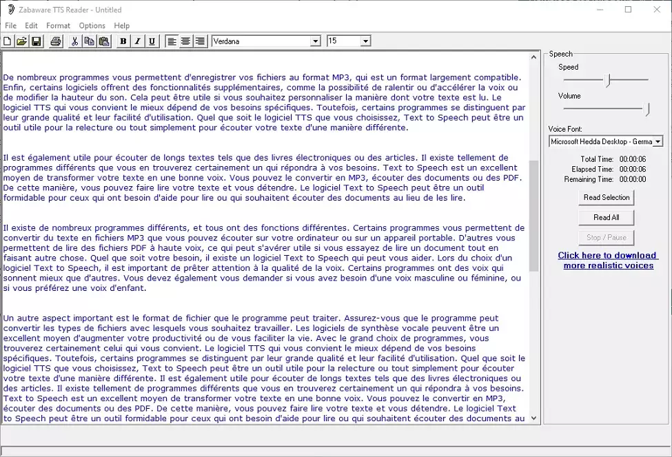 Zabaware Text-to-Speech Reader texte en langue pour Windows