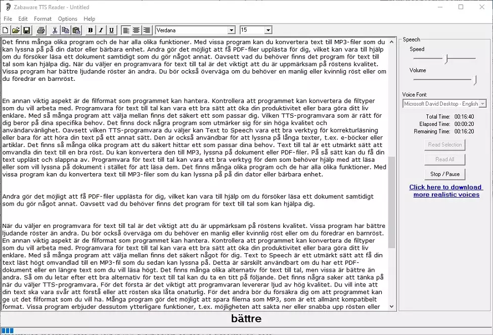 Text till röst för Windows Zabaware Text-to-Speech Reader